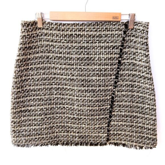 NWT Express Black Gold White Tweed Fringe Skirt 14 - Picture 1 of 7